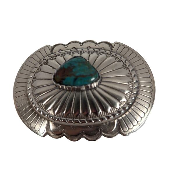 Belt buckle Sterling Silver Royston Turquoise Nev Oval,cast,oxidized,bezel set - Picture 1 of 10